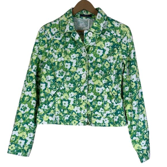 Liz Claiborne Jacket Womens 10 Green Denim Floral Stretch 70s Retro Quirky Indie - Picture 1 of 6